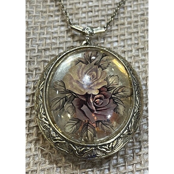 Vtg 1928 Brand Gold Tone Photo Filigree Rose Locket Necklace Pendant Chain 26in - Picture 4 of 12